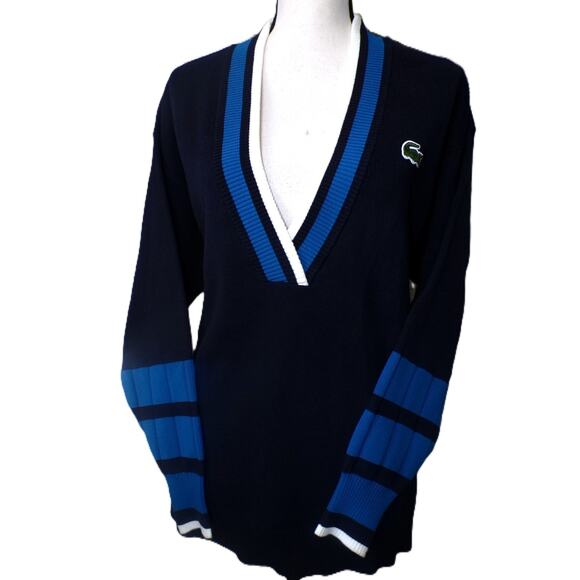 Lacoste V Sweater M Oversized Navy Color Block Tennis Jumper Big Alligator - Picture 2 of 16